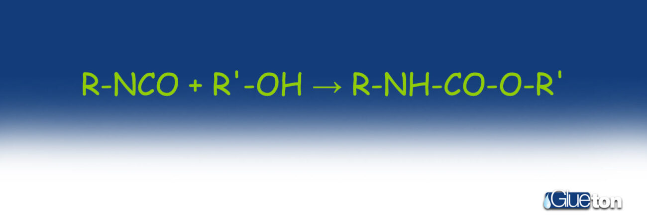 Immagine che raffigura la reazione fondamentale che governa una colla poliuretanica bicomponente: la formazione del legame uretanico tra un gruppo isocianato e un gruppo ossidrile